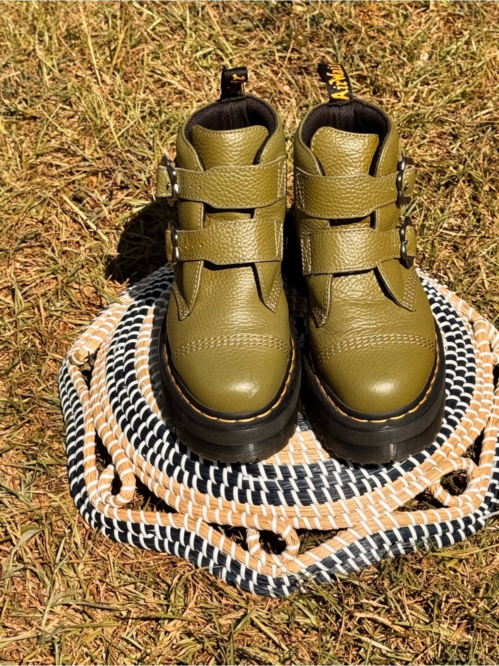 Dr. Martens Olive Green Double-Strap Platform Boots